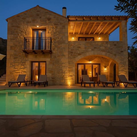 Property Exterior – Full View of the Villa at Sunset

