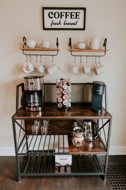 Fully stocked coffee bar with drip, Keurig, and pour over coffee options!