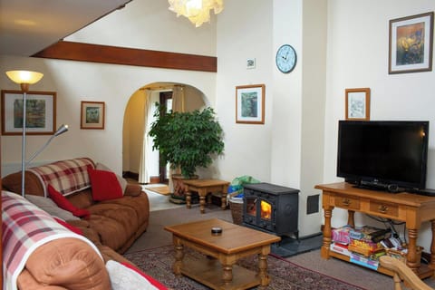 Sofas, coffee table, wood burner and TV