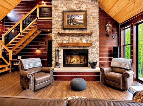 Wood Fireplace, 2 recliners and sofa provide the perfect space with views