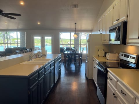 Kitchen and dining area with lake view