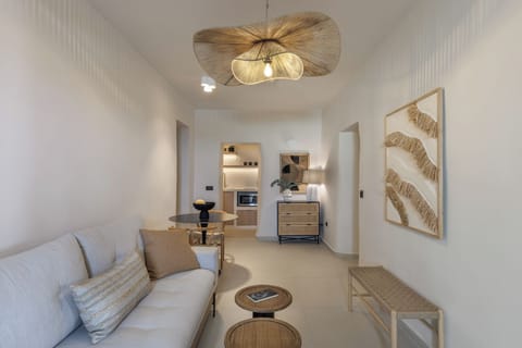 Living room with sofa and coffee table. Kitchen on the back