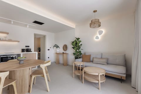 Living room with sofa bed, kitchen and dinning table