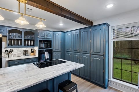 Kitchen area with cooktop island and sink