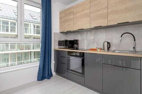 A compact kitchen featuring light wood cabinetry, black countertops, and a large window for natural light.