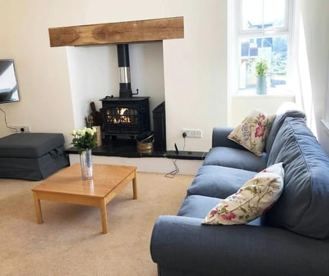 Lounge with log burner, sofa, coffee table and wall mounted TV