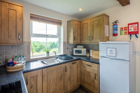 Fitted kitchen with sink, fridge freezer and microwave