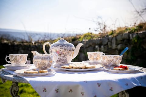 Garden table set for afternoon tea in garden