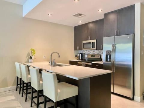 Fully stocked kitchen with modern appliances & coffee makers