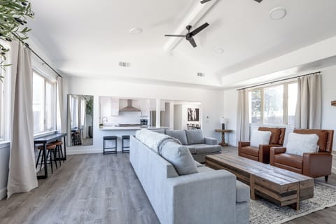 Living Room with Sofa Sleeper, fireplace, 75" Smart TV