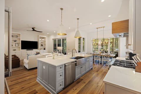 View of kitchen, dining area and living room area