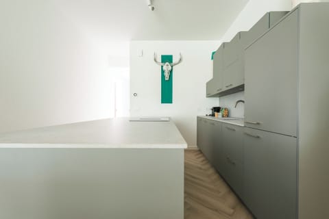 Sleek kitchen with grey cabinetry, integrated appliances, and minimalist decor, complemented by bright lighting and a clean design.