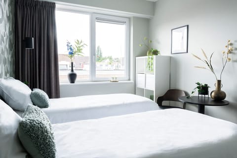 Peaceful twin bedroom with bright window views, clean décor and soft pillows — ideal for your stay in Raamsdonksveer.