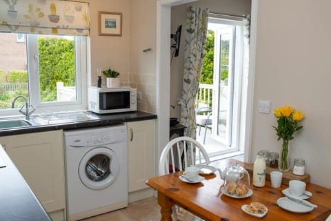 Open plan kitchen/diner: dining table, washing machine, microwave with plant on top and sink under window