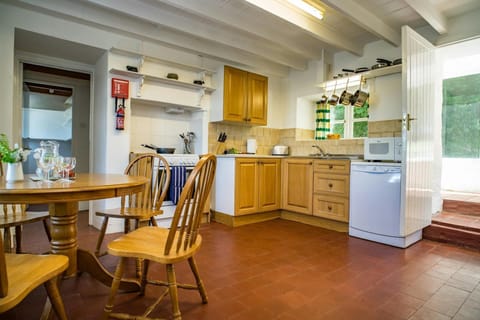 Table and four chairs, oven, dishwasher, microwave, kettle and toaster door to the garden