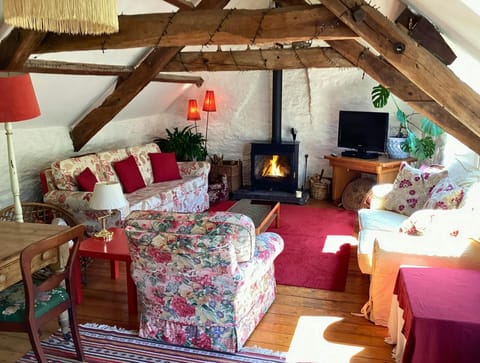 3 seater and 2 seater sofa, armchair, TV with big plant, log burner, coffee table and rug