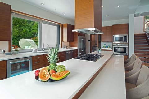 Expansive Chefs kitchen with wine refrigerator