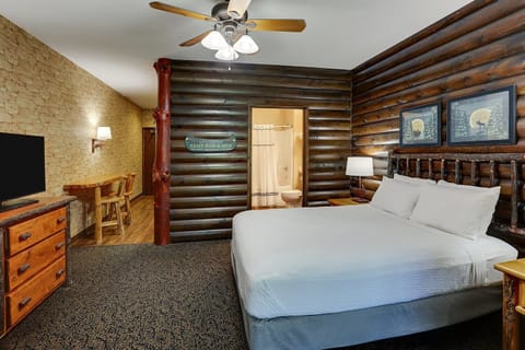 Unwind in a rustic retreat with warm cabin character.