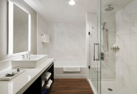 Soak or rinse off fast in a spotless tub-shower combo.