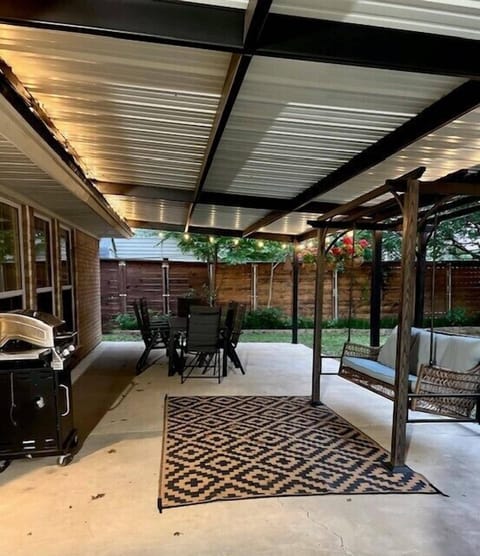 Large covered patio with string lights