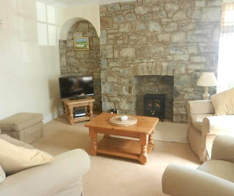 Living room with fireplace, tv, sofas and armchairs