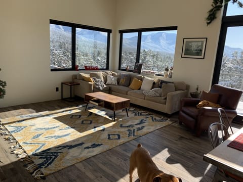 A top floor living room with gorgeous mountain vistas