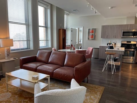 Room hosting the living room, dining area and kitchen.
