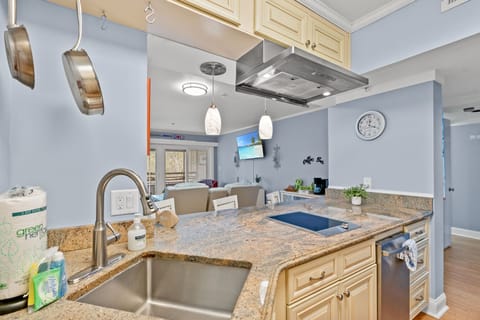 Granite kitchen with island seating, induction cooktop, and open living view