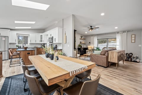 Incredible dining table for intimate gatherings! Seats 8 + chairs in closet