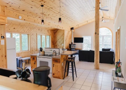 large kitchen upstairs with lake views