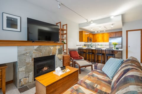 Open living area with gas fireplace, queen sofa bed, TV, and kitchen bar.