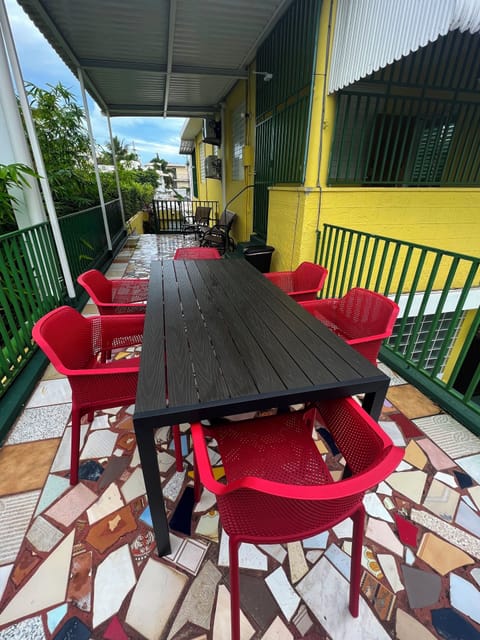 Large front balcony with plenty of seating space.