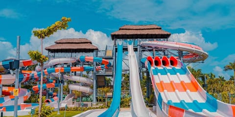Race down towering slides for a thrilling splashdown finish.