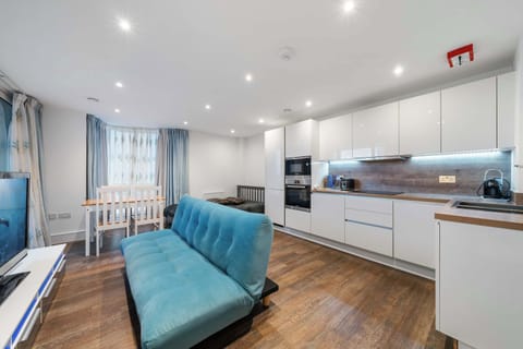 Modern, well-equipped kitchen and living room