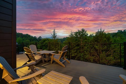 Balcony with great view and outdoor furniture.