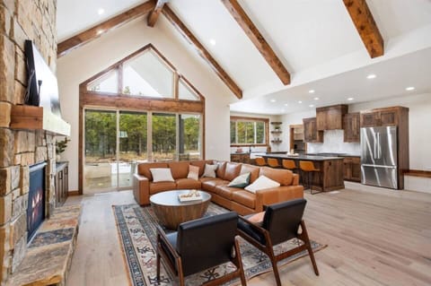 Cozy living room with a warm, glowing fireplace