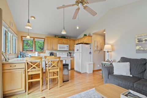 Additional sleeping space: Pull-out sofa couch (queen) in living room, ceiling fan.