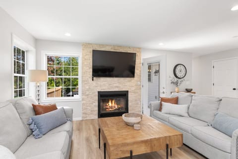 Living room with smart TV and gas fireplace