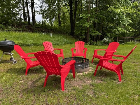 Huge yard with firepit and free wood.  More chairs stored on side of house too.