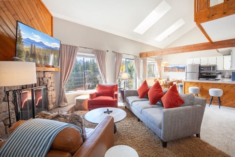 Open floor plan living room has a wood burning fireplace with majestic mountain views