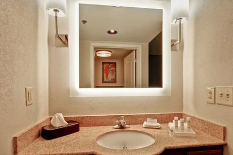 Refresh at the illuminated vanity with plenty of counter space.