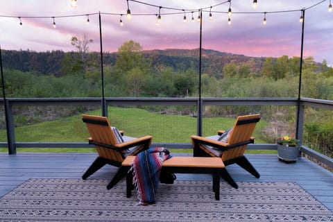 Back deck overlooking the backyard. The view of the slough changes with the tides, making the backyard a temporary lake at times.