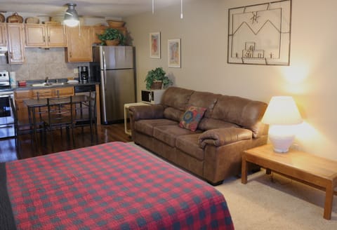Settle into your cozy open-concept space with a plush sofa, comfy bed, and fully equipped kitchen—your perfect home base for relaxing after a day of adventure.