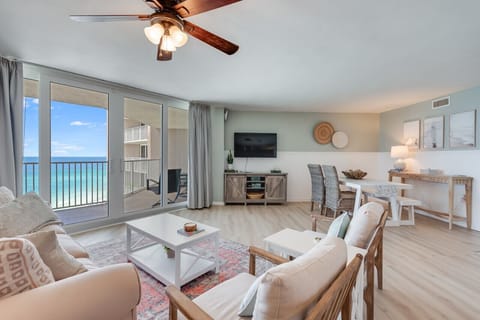 This beautifully updated living space offers a bright and airy coastal vibe with stunning Gulf views right from the couch. Comfortable seating, modern furnishings, and a private balcony make it perfect for relaxing or entertaining.