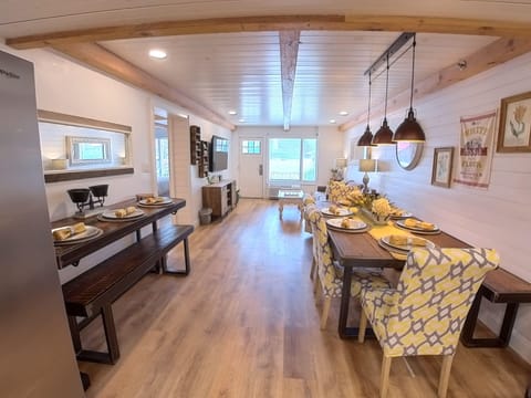 View from kitchen of dining room and living room.