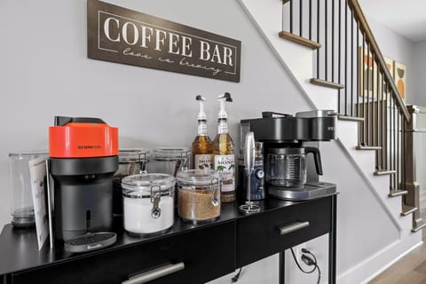 A coffee drinkers dream with dual Keurig, coffee grinder, Nespresso, Chemex, coffee beans, ground coffee, flavored syrups, white sugar, raw sugar, oh my! We didn't forget non coffee drinks and offer assorted teas.