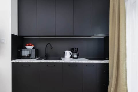 A small, black kitchen with minimalistic equipment. The dark countertops and cabinets give the room a sleek, modern look.