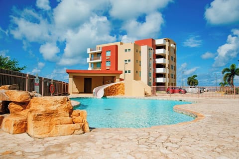 The onsite pool has a waterslide!