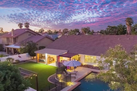 Aerial view of our home and backyard oasis.