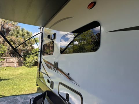 Lighting and awning for shade.